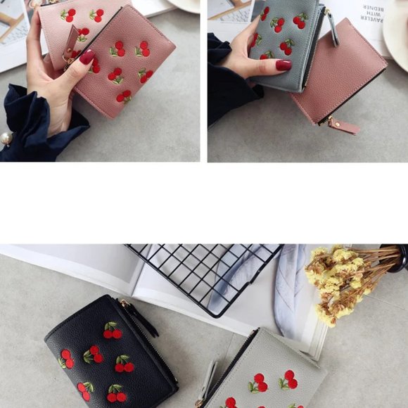 FAUX LEATHER CHERRY BI FOLD MULTI SLOT COIN WALLET PURSE - Picture 11 of 12